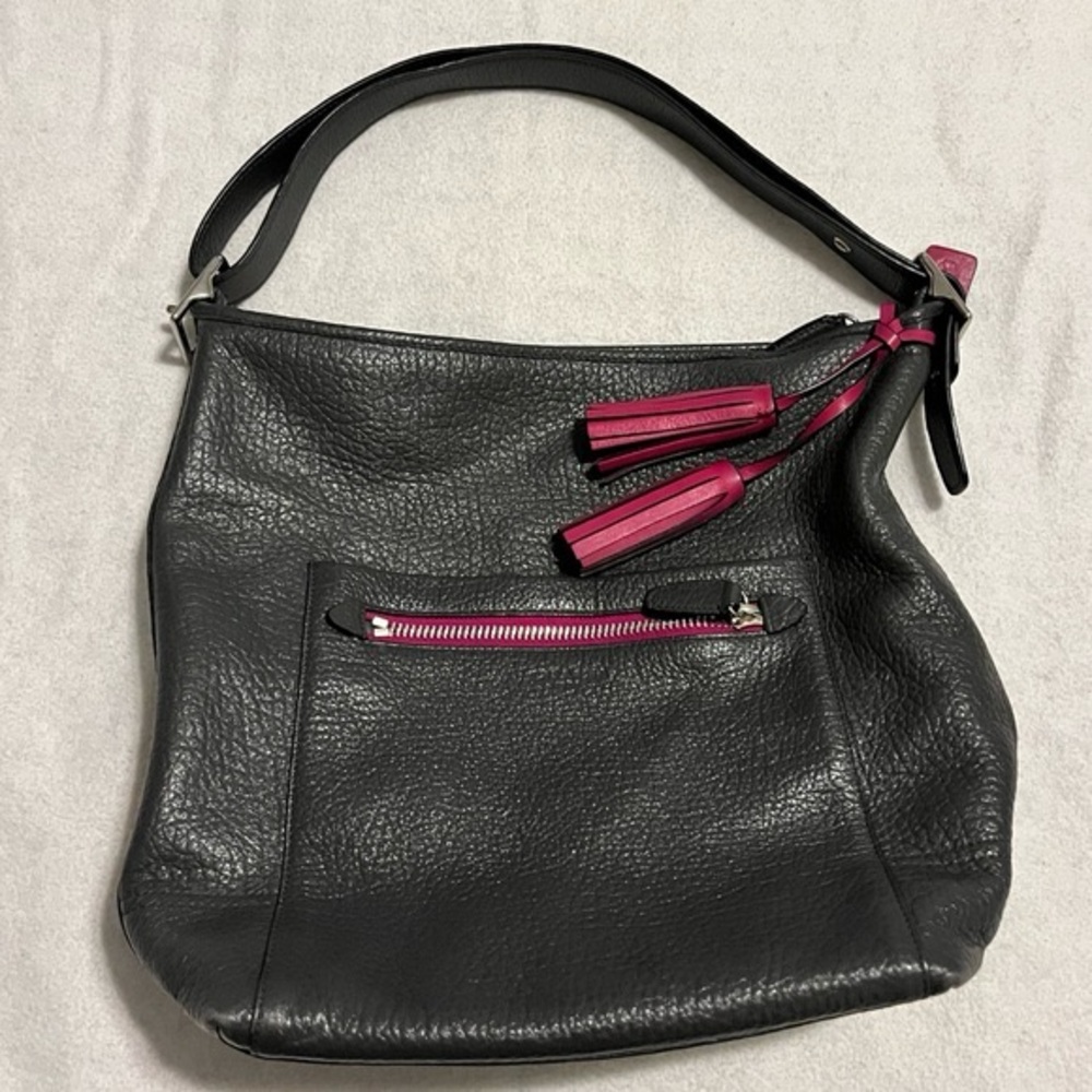 Coach | Large Black Pebble Leather Tote Shoulder Bag w/ Pink Accents |